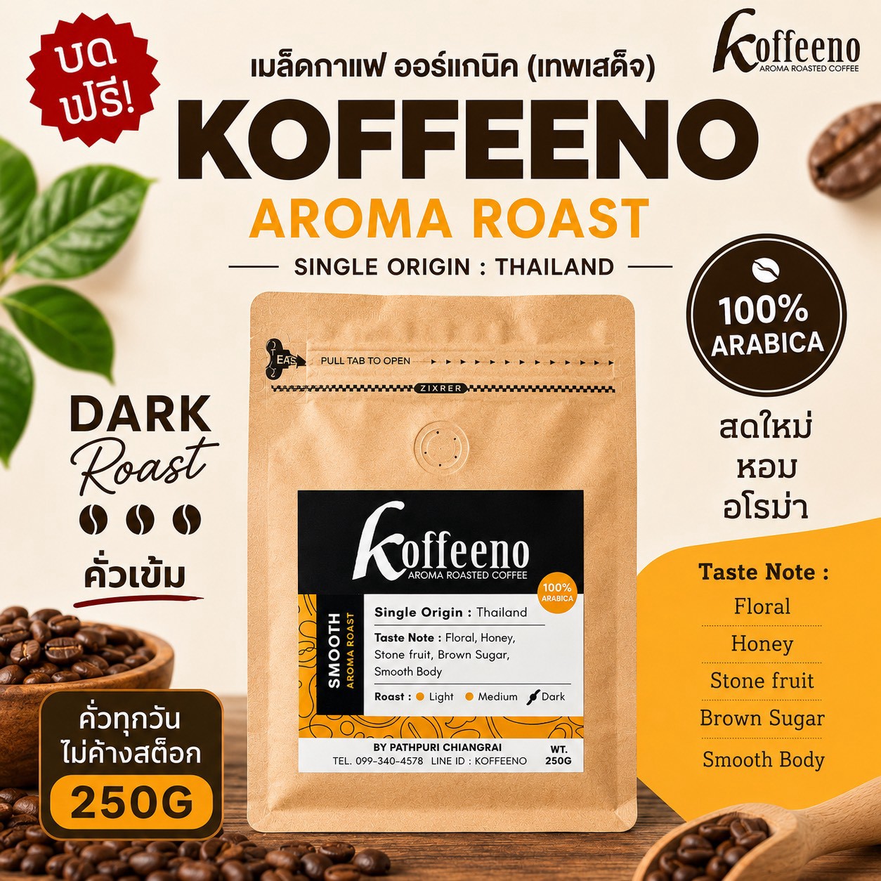KOFFEENO 100% Arabica Dark 250g. เม็ดคั่ว 