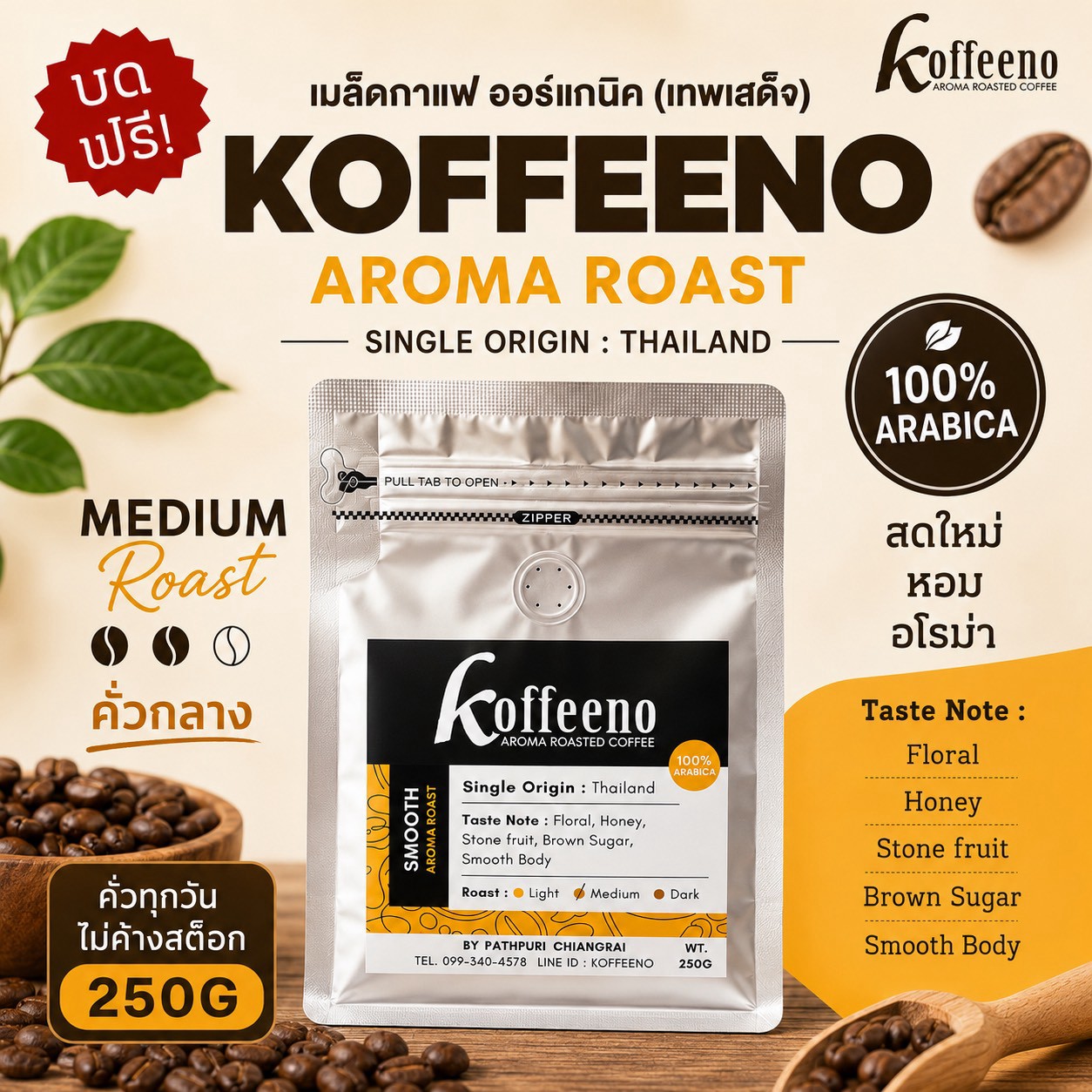 KOFFEENO 100% Arabica Medium 250g. เม็ดคั่ว