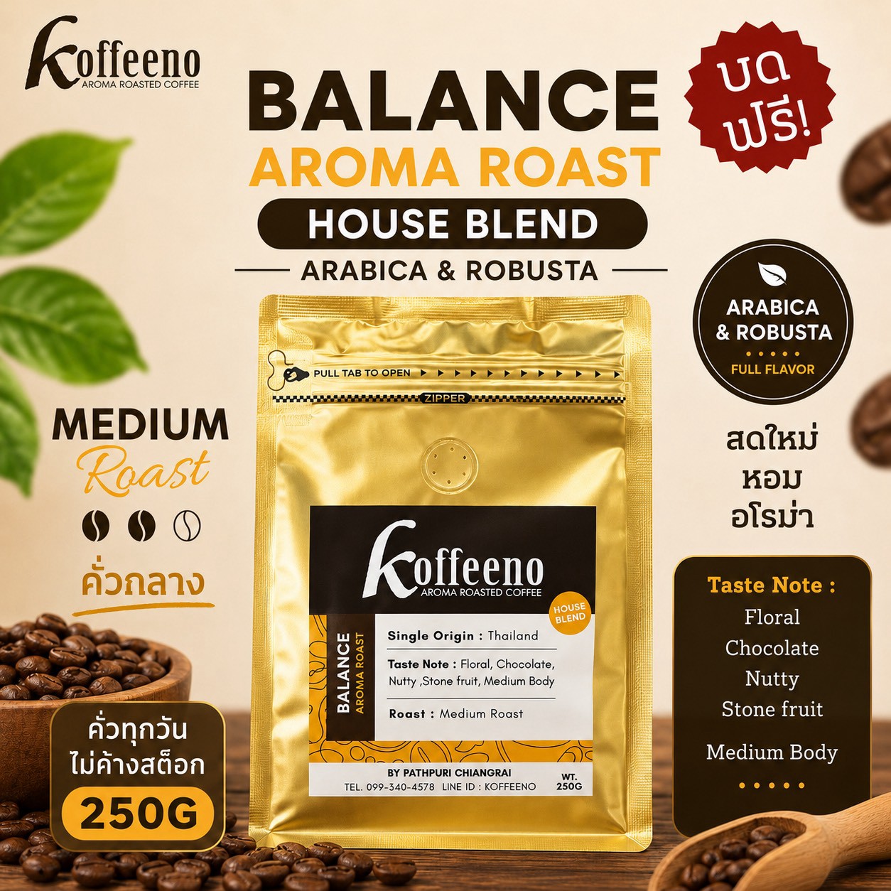 เมล็ดกาแฟ KOFFEENO House Blend Medium Roast 250g.