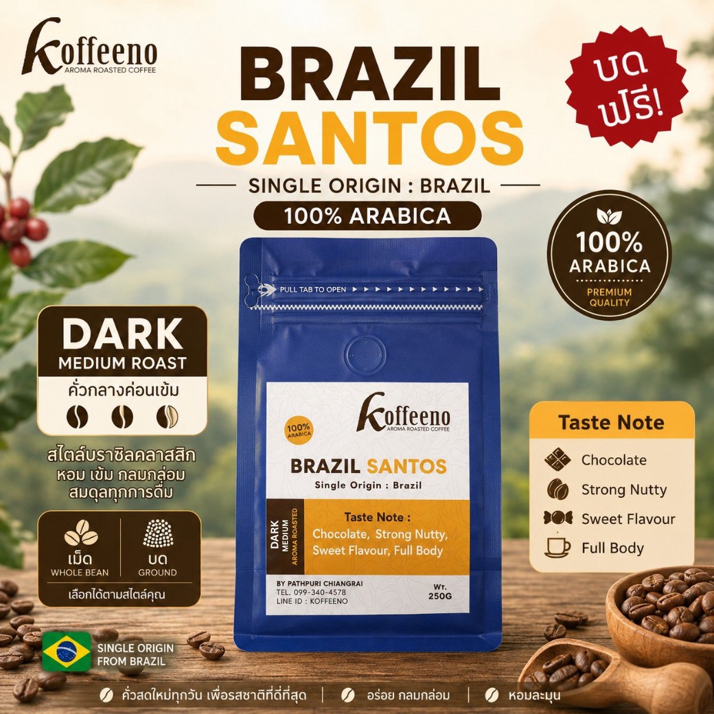 เมล็ดกาแฟบราซิล Koffeeno 100% Arabica Brazil Santos