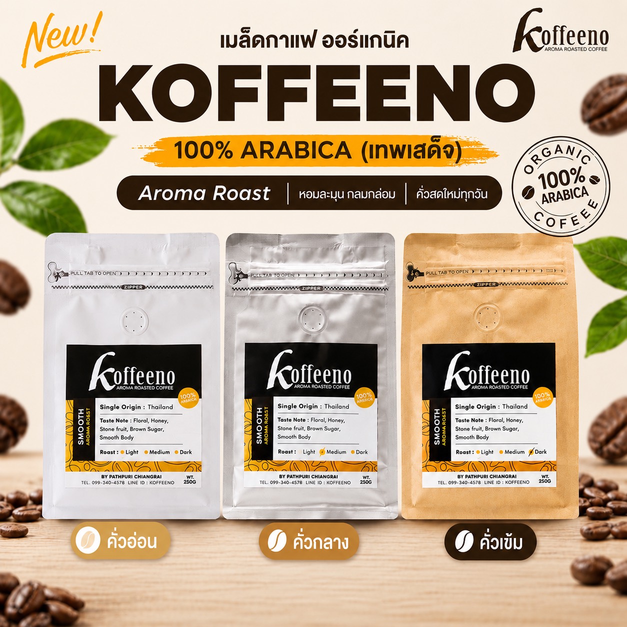 เมล็ดกาแฟ KOFFEENO 100% Arabica 250g.