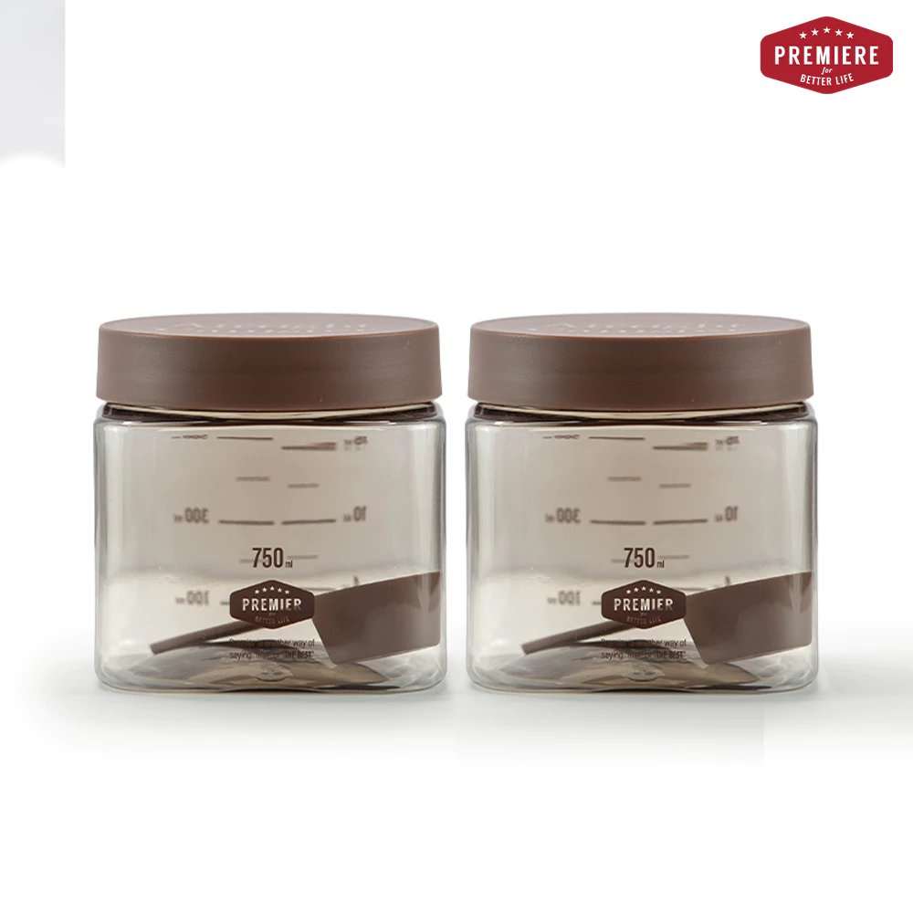 โหลพลาสติกเหลี่ยม แถมฟรี  ช้อนตวง สีน้ำตาล/สีเบจ